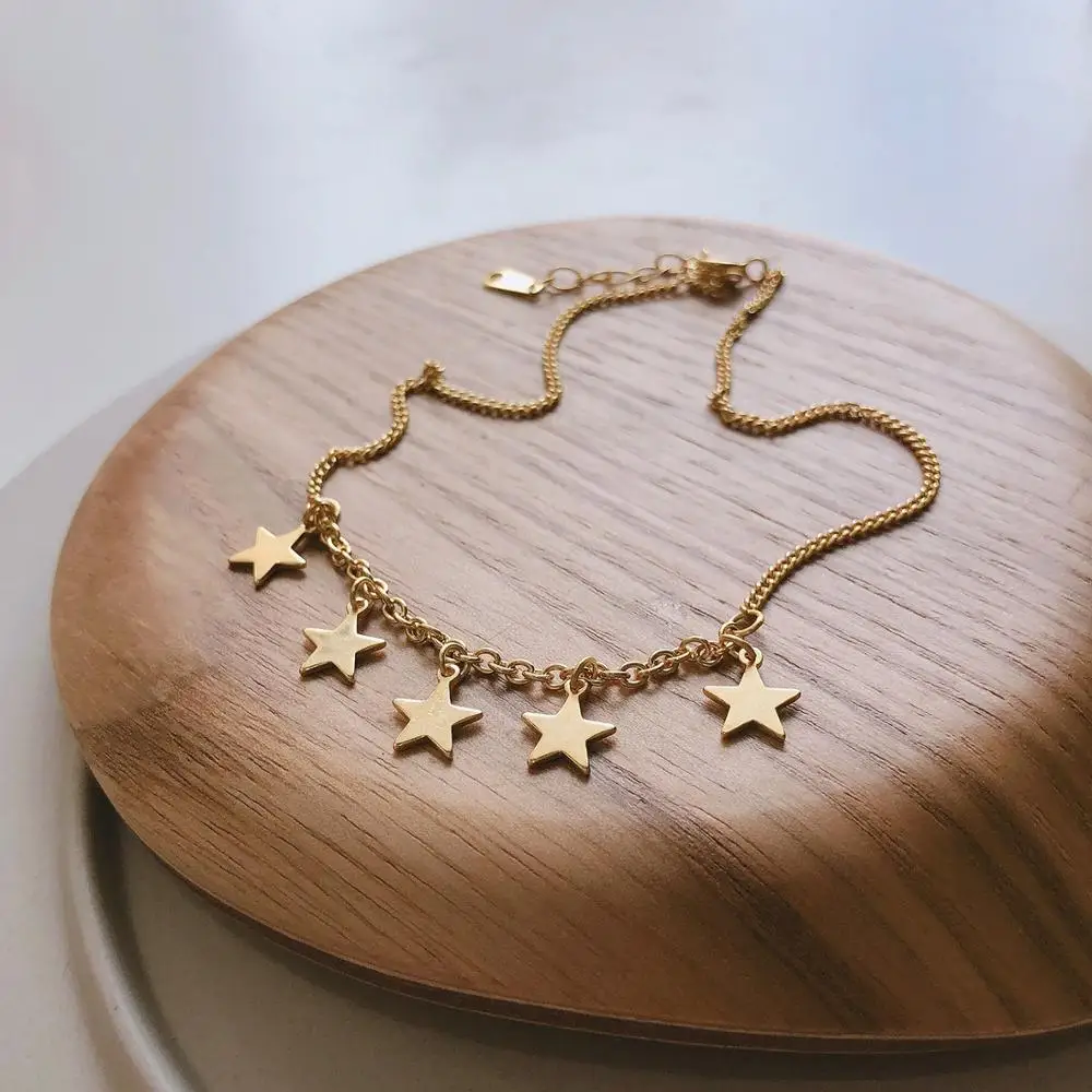 

INS NEW Authentic 925 Sterling silver Gold Star Flat Chain Anklet Bracelet Adjust fine Jewelry TLS197