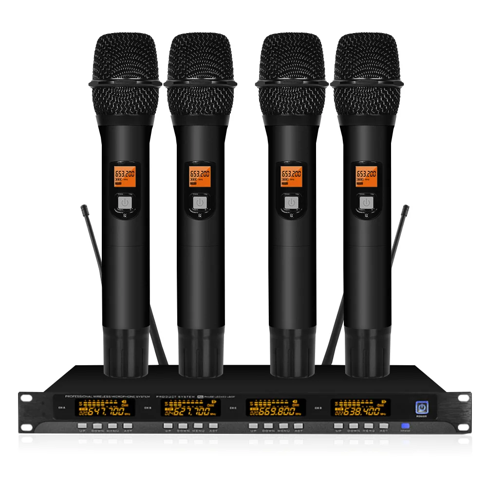 Микрофон металлический 4 канальный Uhf беспроводной микрофон с микрофонами на