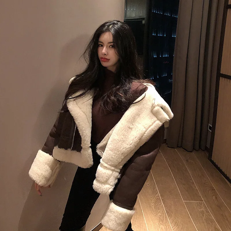 2019 Winter High -Quality Jacket Female Suede Lamb Keep Warm Wool Coat Motorcycle Lapels Coat Female Thicker Jacket Women black
