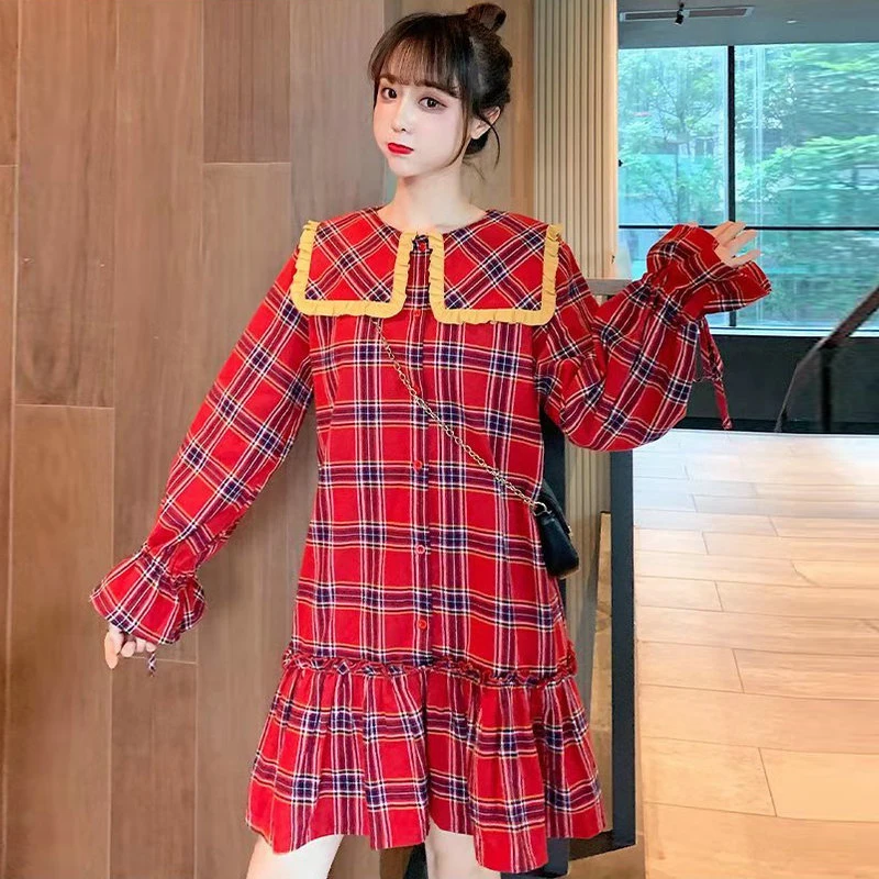 

Woman Sweat Shirt Dress Spring Red Plaid Pattern Sailor Collar Design Dresses Loose Oversize Straight One Piece Robe Femme 2020