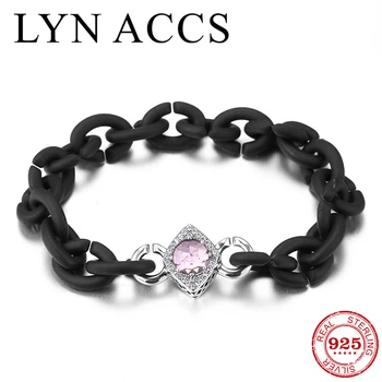 

Hight Quality Silver Pink Zircon Crystal Bead bracelets for Women Men European Style Black Hard Rubber X Bracelets