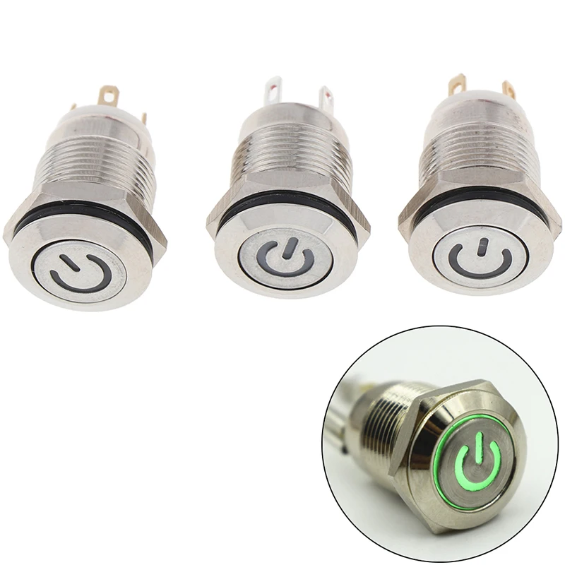 1pc 12mm Metal Push Button Switch Flat Head Ring Power LOGO 3V Self-reset Momentary/locking Waterproof Car Auto Eng