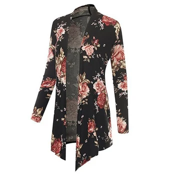 

Women's Fashion Floral Print Long Sleeve Boho Irregular Hem Cardigan Knitting Coat For Ladies Oversized Femme Black Two M