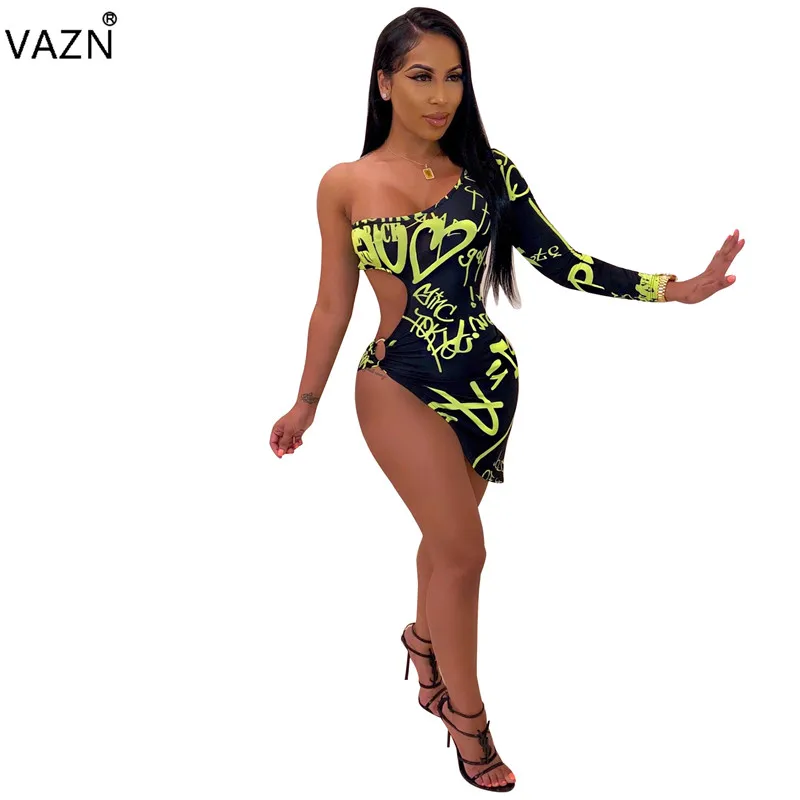VAZN SD9164 новый продукт 2019 лето сексуальная леди 3 цвета мини платье одно плечо с
