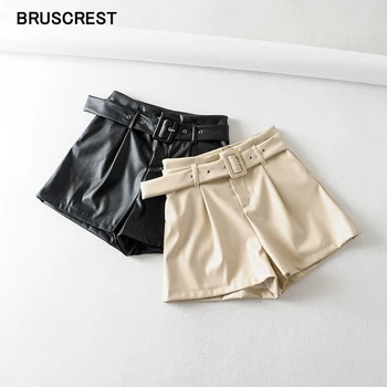 

2020 New Leather shorts korean ladies High waist shorts leather casual belt punk PU faux leather shorts women black treetwear