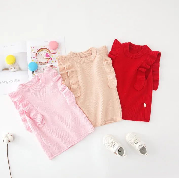 

Childrenswear 2019 Baby Girls Pullover Frilled Knit Core-Spun Yarn Sweater Dress Dq004