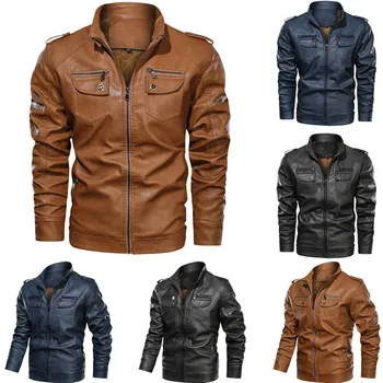 

Plus Size Autumn Winter Men's leather jacket куртка мужская кожаная jaqueta de couro Long Sleeve Zipper Leather Jacket Coat #3