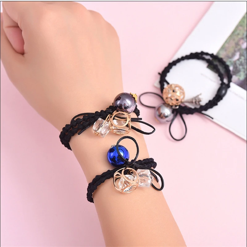 

3PCS Women Girls Color Beads Elastic Hair Bands Bowknot Tie Scrunchie Ponytail Holder Rubber Bands Crystal Hair Accessories