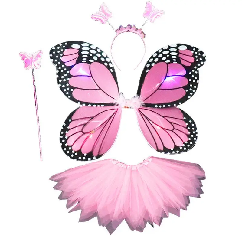 Cosplay Costume Adult Kids 4Pcs Fairy Costume Set LED Simulation Butterfly Wings Pointed Tutu Skirt Headband Wand Princess Girls Party Dress Up
