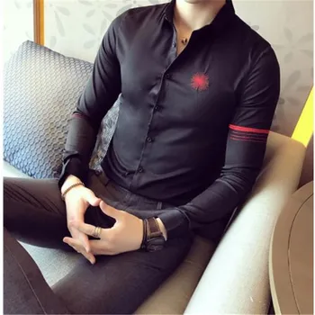 

British Style Shirt Men 2019 Autumn New Slim Fit Mens Social Shirts Long Sleeve Fashion Embroidery Party Dress Shirt Casual Male