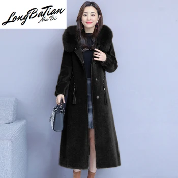 

Elegant Vintage Long Faux Coat Women Winter Thick Warm Fox Fur Collar Sheep Sheared Jacket Plus Size Hooded Overcoat Female