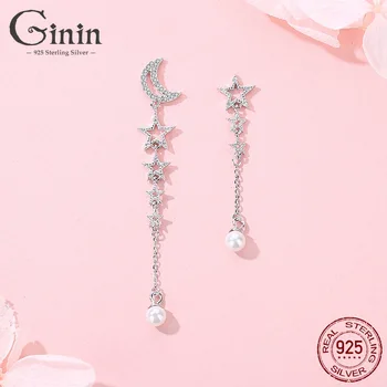 

GININ Real 925 Sterling Silver Long Tassels Moon Star Asymmetric Full Shiny Zircon Drop Earrings For Women Party Luxury Jewelry