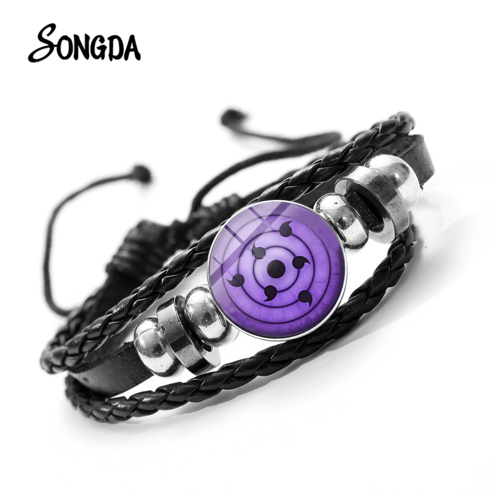 SONGDA Naruto Shippuden Anime Leather Bracelet Uchiha Sasuke Icon Glass Round Photo Handmade Beaded Bracelets Fashion Fans Gift