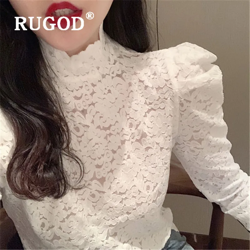 RUGOD, корейский стиль, стиль, пышные рукава, половина воротника, открытая рубашка, приталенная, элегантные, сетчатые топы, Женская мода