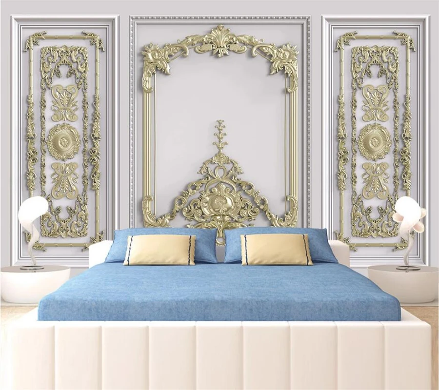 Customized wallpaper 3d three-dimensional wall panel golden embossed carved mural living room European tv background paper | Обустройство