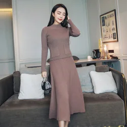 Conjunto de suéter de punto para mujer, falda de suéter de 2 piezas, conjunto seductor de cuello levantado, vestido de suéter grueso de manga larga de dos piezas