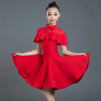 

Latin Dance Dress Children Red Lapels Lotus Leaf Sleeves Rumba Cha Cha Samba Salsa Girls Competition Performance Dresses DN3890