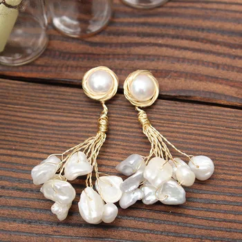 

WT-MPE008 2020 newest natural freshwater pearl earring Bohe style irregular pearl beads with brass wire wrapped earring