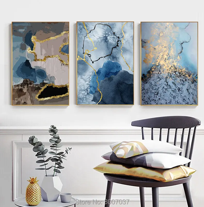 

Handmade Abstract Flowing Golden Blue Canvas Painting Luxurious Oil Painting Wall Pictures for Living Room Tableau Decoration