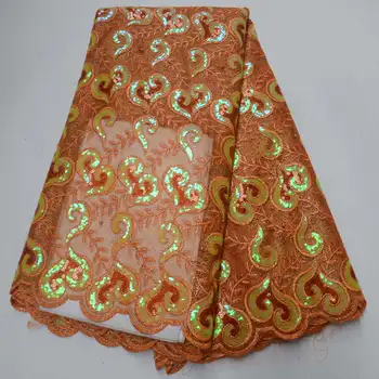 

Peach color Nigerian french tulle lace fabrics For a wedding dress 5 Yards Sequins Tulle Lace Fabric Net Lace Fabric XWQ-06