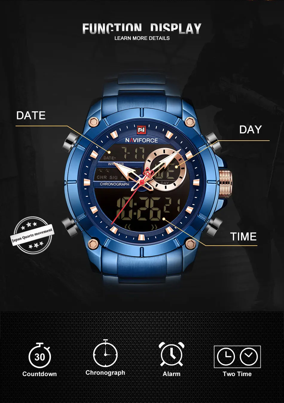 NAVIFORCE, мужские военные модные часы, синяя сталь, водонепроницаемые, двойной дисплей и кварцевые наручные часы, мужские часы, Relogio Masculino