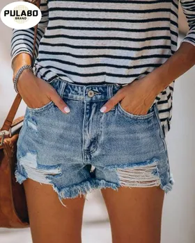 

High Waist Slim Summer Jeans Shorts Feminine Chic Hot Ladies Bottom Loose Button Ripped Tassled Jeans Shorts Hot Pants