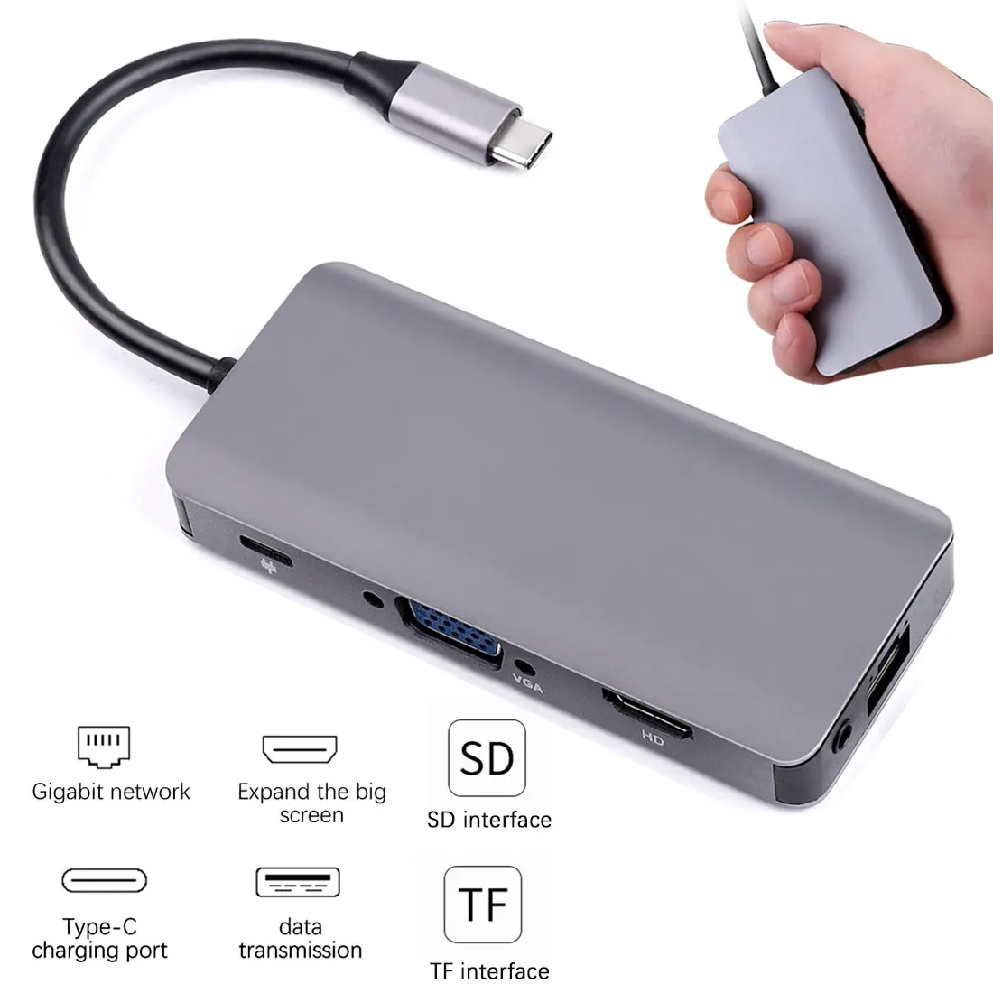 

Type C Hub to HDMI + VGA Output 2 USB3.0 Ports With PD3.0(100W) Charge SD/TF Card Reader Audio Port 1000Mbps Network Adapter