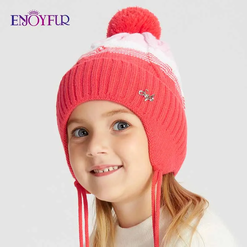 Kids winter knit hats real fur fox pompom wool bonnets children beanies