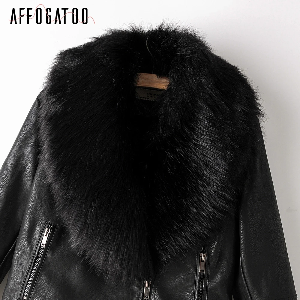 Affogatoo Casual Autumn winter warm faux fur female jackets furry Detachable collar leather coat women Thick outwear ladies coat