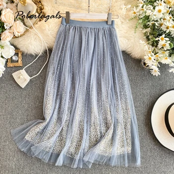 

Summer Sweet mesh skirt high waist bling bronzing A word skirts women 2020 korean mesh gauze sexy skirts for women midi skirt