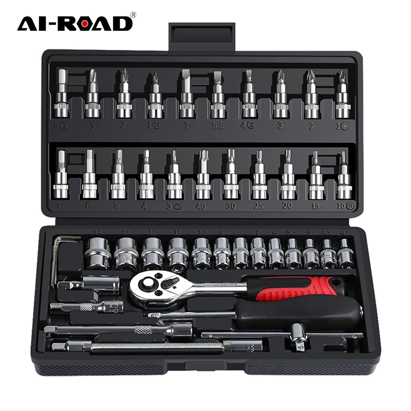 Photo Product AI-ROAD Wrench Batch Head Hand Tool Set Ratchet Carbon Steel Pawl Socket Spanner Screwdriver Motorcycle Car Repair Tool Set