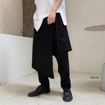 

Men Japan Style Irregular Fake 2PCS Splice Loose Casual Harem Pant Male Streetwear Hip Hop Gothic Kimono Skirt Trousers