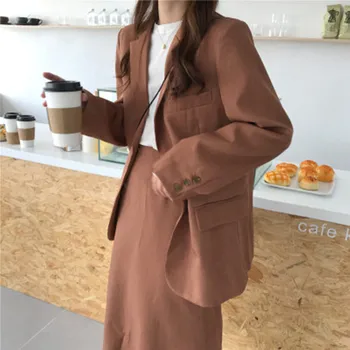 

Leisure Women Two-Pieces Set Elegant Single Breasted Suit Coat + Fashion Opening Fork High Waist Half Body Skirt Work Office Set