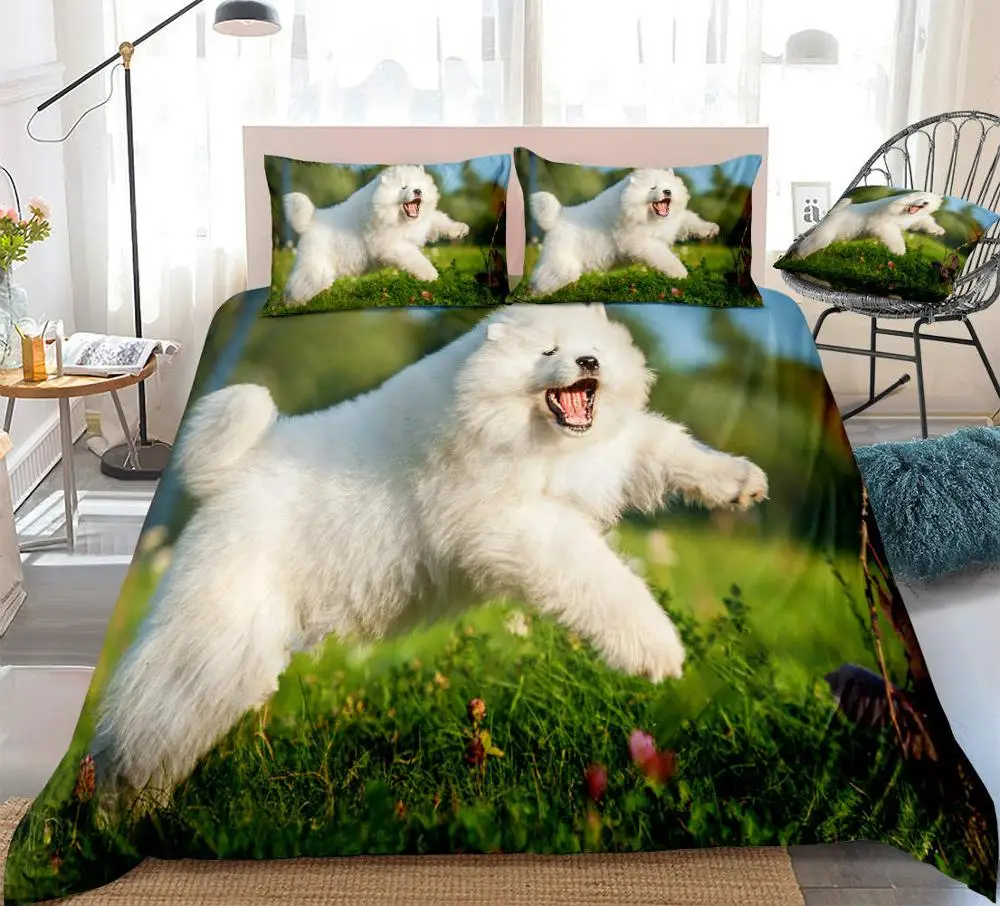 3D Samoyed Dog Duvet Cover Set Jumping Samoyed on Grassland Bedding White Pet Dog Quilt Cover Queen 3pcs Animal King Dropship - Цвет: 01