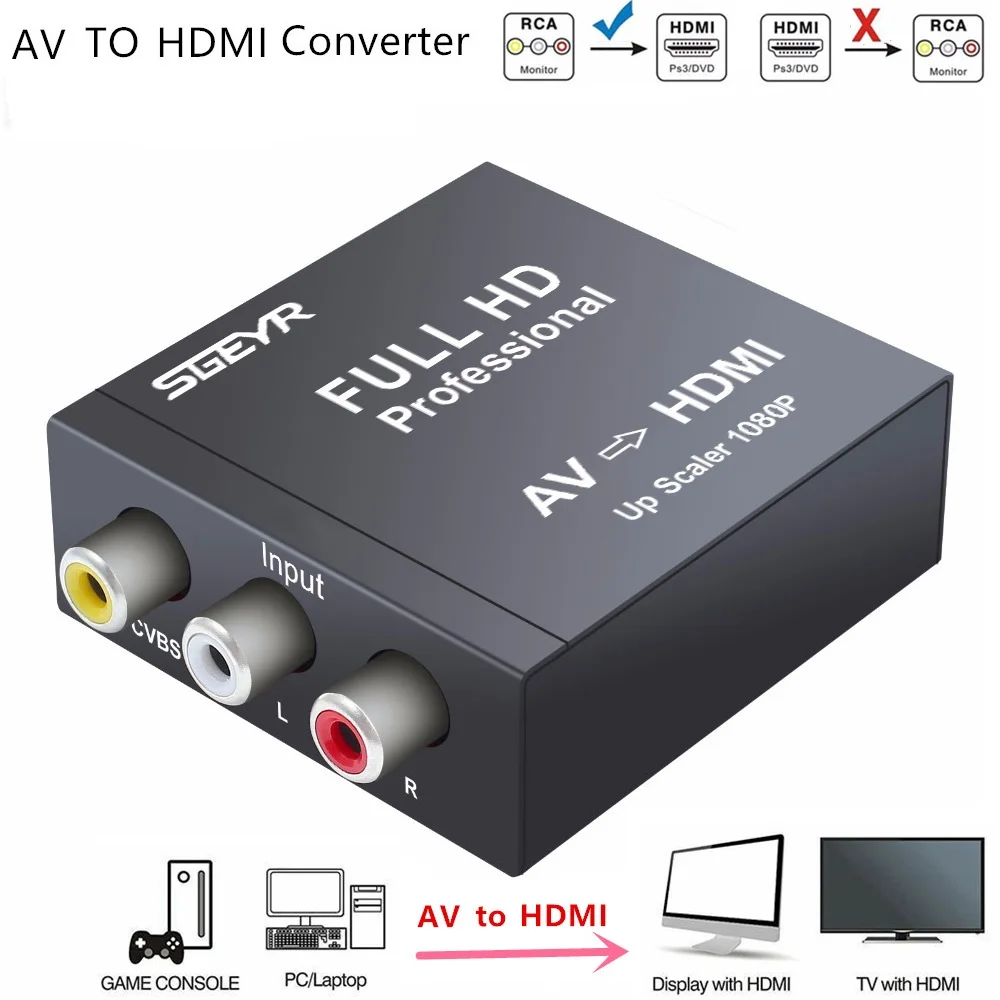 Преобразователь SGEYR RCA AV в HDMI 720P/1080P AV2HDMI RCA2HDMI адаптер для ТВ PS3 PS4 ПК DVD Xbox проектор