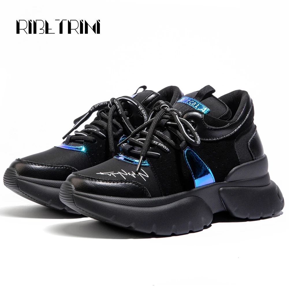 

RIBETRINI Genuine Leather Fashion Sneakers For Women Spring Autumn Shoes Woman Thick Platform Heels Lace Up Sneakers Size 35-42