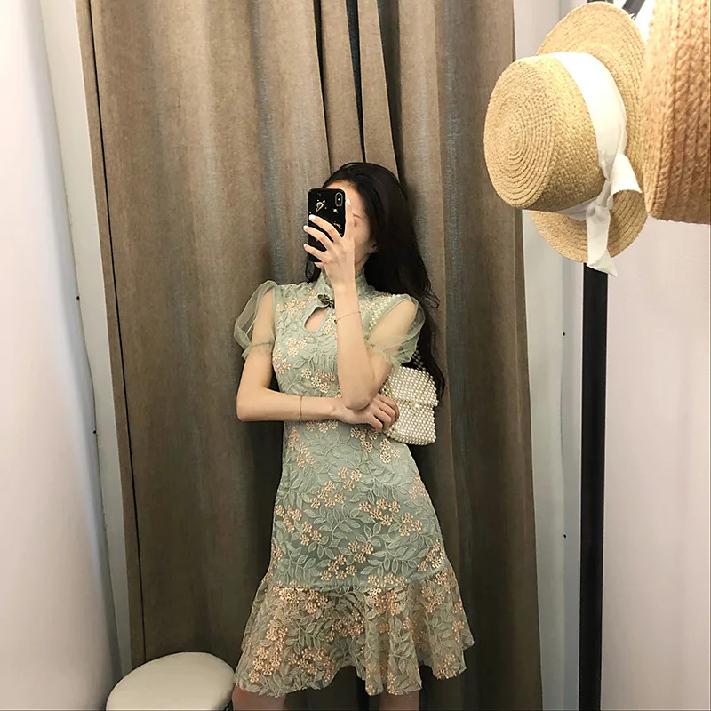 Г. Летнее платье nian qing kuan Cheongsam улучшенная версия Длинное Элегантное платье в китайском стиле для девочек, короткий рост, Osteoclasts, рыбий хвост