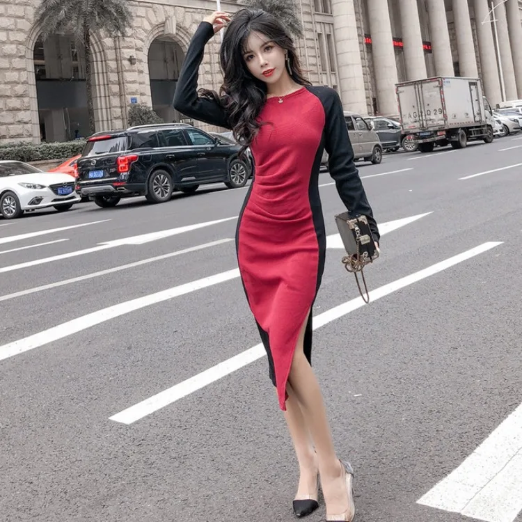 

Photo Shoot Autumn And Winter New Style Fashion Slim Fit Reddish Black Joint Sheath Slit Dress
