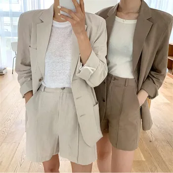 

Cotton Line Two Piece Set Women Single Breasted Notched Summer Blazer + High Waist Wide Leg Shorts Suit Office Lady Korean B181
