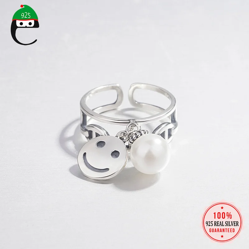 ElfoPlataSi New 925 Sterling Silver Smiling Face Synthesis Pearl Opening Ring Sizable For Women Girl Wedding Jewelry Gift DS1850 | Украшения