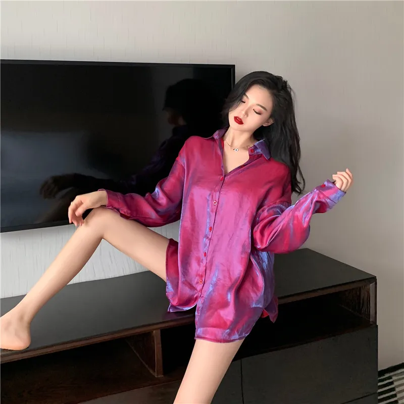 Spring Summer New Women's Boyfriend Hot Sleep Shirt Dress Linen Chiffon Soft Cool Button Down Cotton Nightgown Women Ventilation
