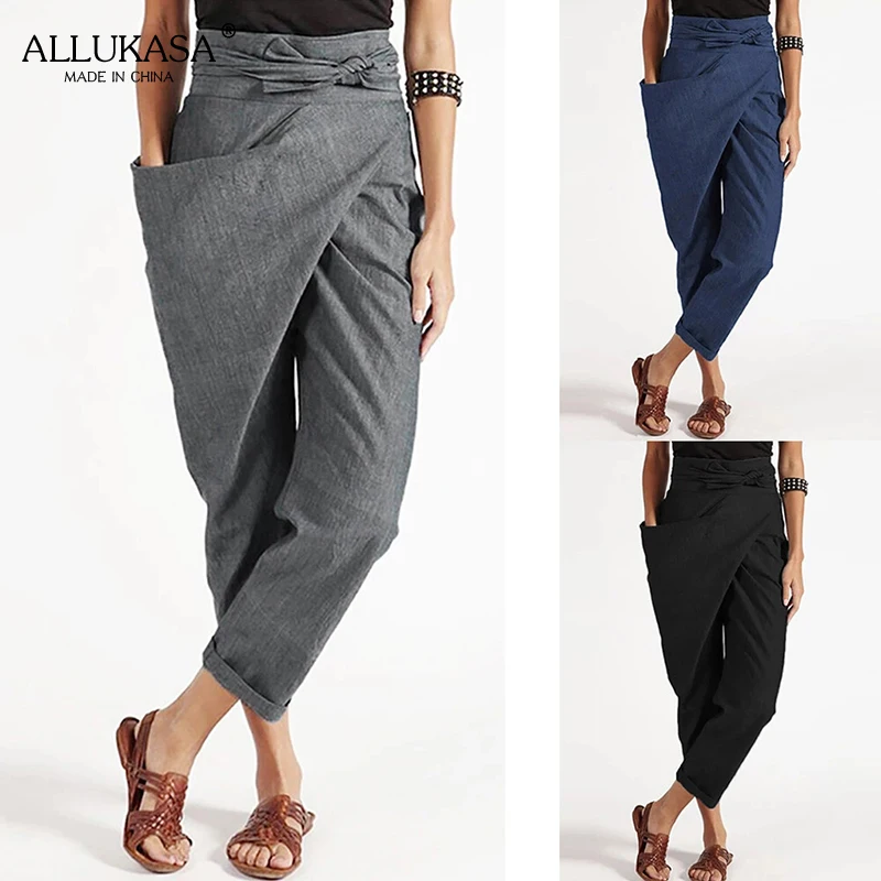 

Ladies harem pants fashion casual asymmetrical loose high waist solid color unilateral pocket pants plus size trousers