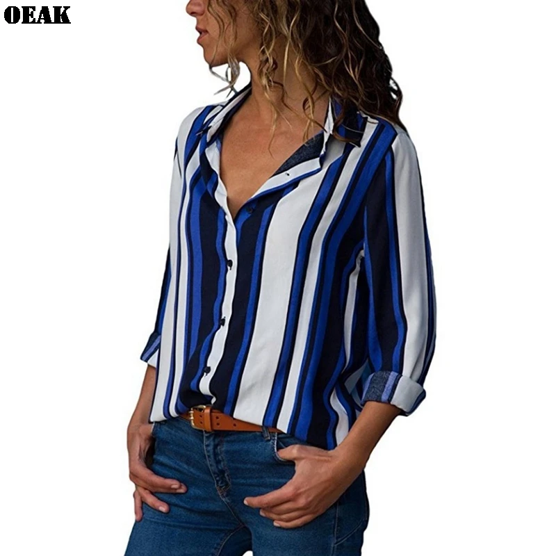 

Oeak Women Blouse Shirts 2019 Autumn Ladies Harajuku Long Sleeve V-neck Button Floral Striped Print Tops Plus Size S-5XL