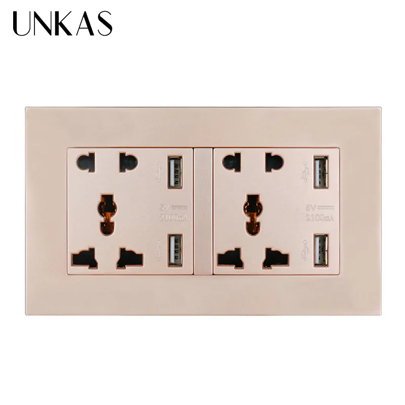 UNKAS ПК Панель настенная розетка двойная универсальная 5 отверстий розетка с 4 USB Smart индукционное зарядное устройство порт для мобильного - Тип: Gold