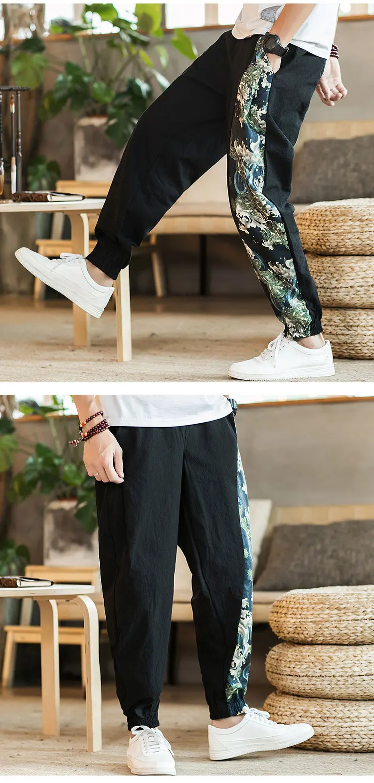 Sinicism Store 2019 Man Cotton Linen Pants Mens Summer Ethnic Style Print Patchwork Pants Male Casual Jogger Trousers