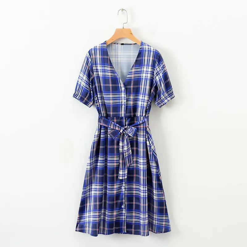 

Autumn New Style Retro Fashion Elegant Waist Hugging Slimming CHIC Mid-length V-neck Plaid Fairy Dress