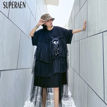 

SuperAen Europe Fashion Dress Female Summer New 2020 Women Dress Short Sleeve Casual Splicing Mesh Women Clothing