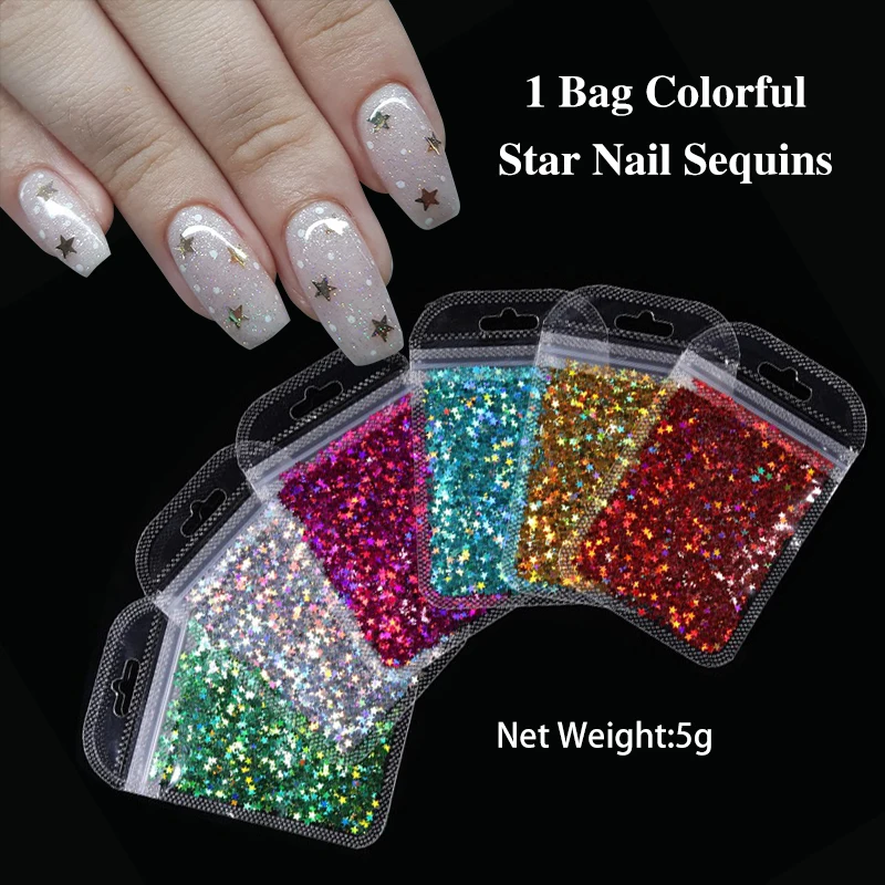 

1 Bag Colorful Star Nail Sequins Holographics Nail Glitter Sparkly 3D Flakes Slices For Nail Art Decorations Tips