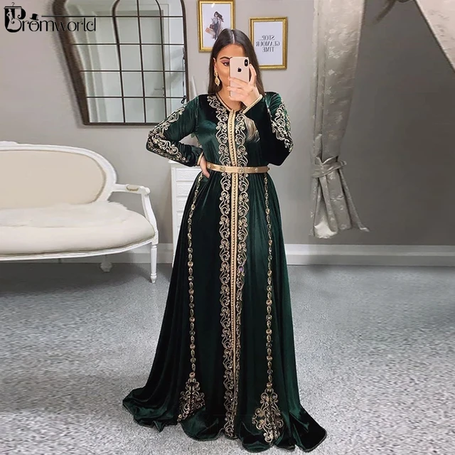 Elegant Dark Green Embroidery Moroccan Caftan Evening Dresses 2021 Formal  Dress Full Long Sleeves Satin A-line Party Prom Gowns - Evening Dresses -  AliExpress