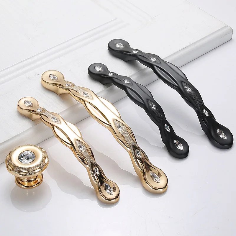 

Gold Door Handles and Knobs for Kitchen Cabinet Cupboard Zinc Alloy Diamond Crystal Furniture Handles Dresser Drawer Pulls Black